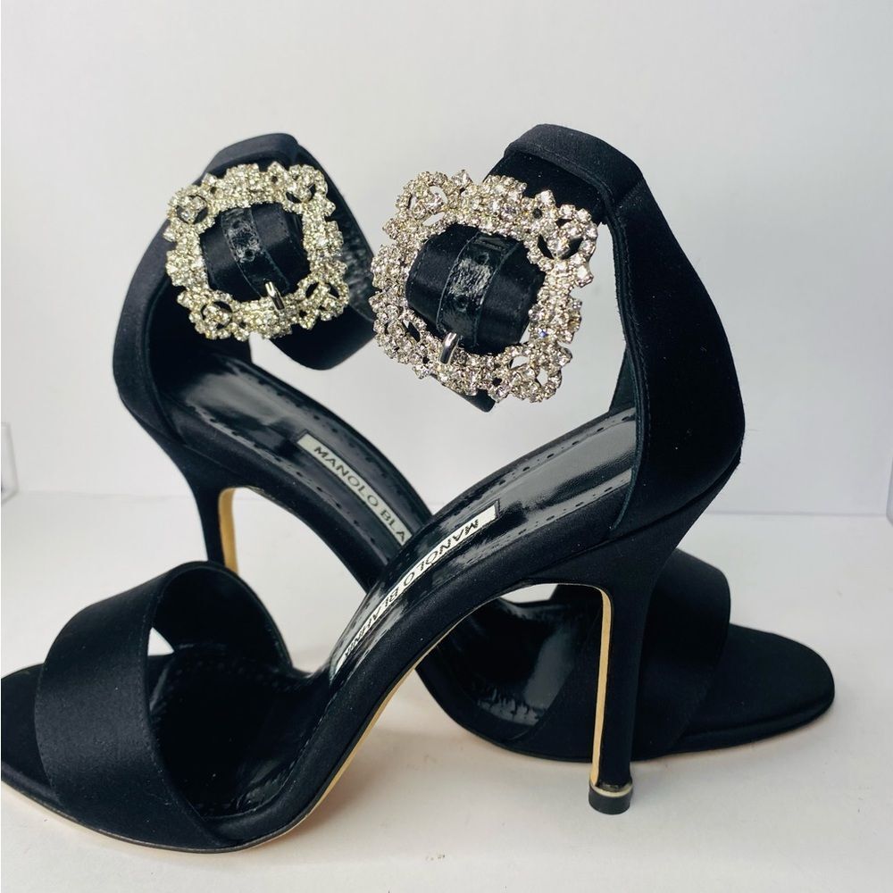 Manolo Blahnik Crystal Buckle Black Satin Open Toe Heels. YOU NEED THESE.